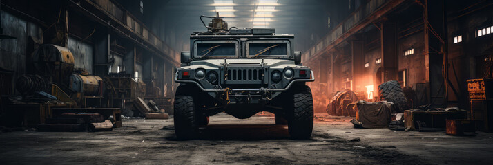 Military ATV parked inside a military hangar. - obrazy, fototapety, plakaty