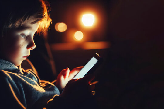 Small boy watching movie or playing game on his smartphone in the evening. ai generative