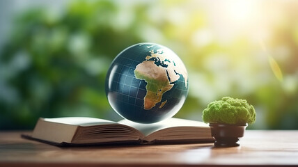 world book with green globe on wooden desk. education concept
