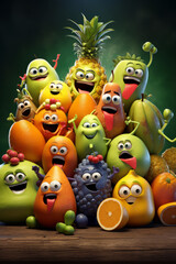 Various happy and smiling fruit cartoon characters