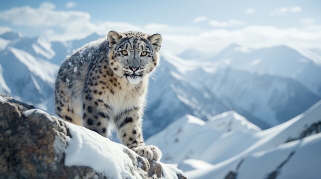 Elusive Snow Leopard in Snowy Mountain Landscape