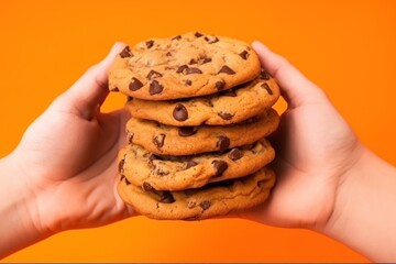 Hand holding out treat stack of delicious homemade chocolate chip cookies. Man offers to treat to...