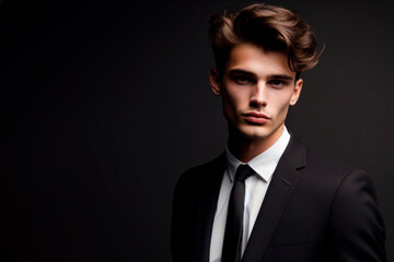 young businessman guy hot model appearance isolated black background. ai generative - obrazy, fototapety, plakaty