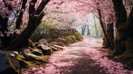 Serene Forest Path with Fallen Cherry Blossoms