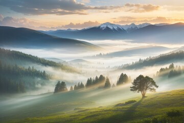Immerse in the tranquility of a misty morning in a mountainous landscape.