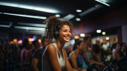 Group fitness class , featuring participants engaged in an energetic workout, such as spinning, aerobics, set against a vibrant, gym studio.