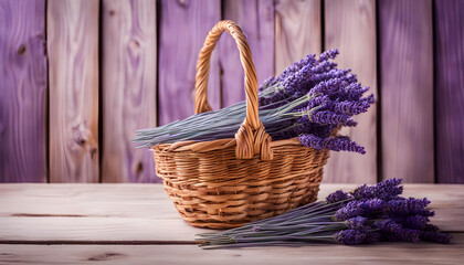 Lavender basket on a wooden background 