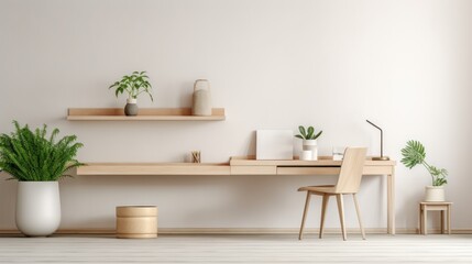 Fototapeta na wymiar Cozy Minimalist Home Office with Light Oak Desk