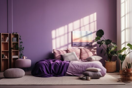 Bedroom interior with purple wall