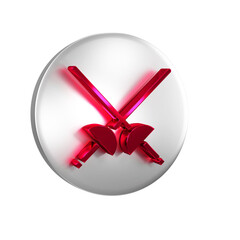 Red Fencing icon isolated on transparent background. Sport equipment. Silver circle button.