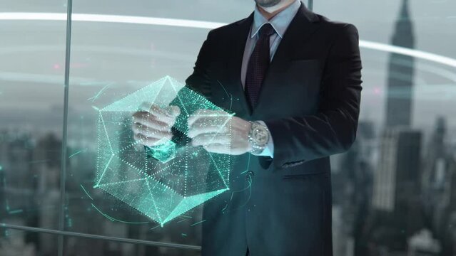 Q-CTRL- businessman working with virtual reality at office.