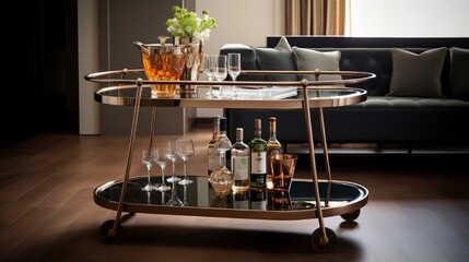 a contemporary bar cart with a mirrored top and brass accents.