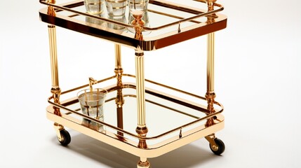 a contemporary bar cart with a mirrored top and brass accents.