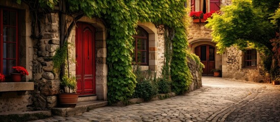 In the quaint streets of Europe a vintage house with a red door stands among the stone buildings showcasing an old world charm and architectural design The wooden walls adorned with green v - obrazy, fototapety, plakaty