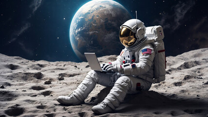 An astronaut sits on the moon with his laptop. - obrazy, fototapety, plakaty