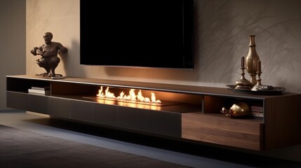 a contemporary media console with a floating design and built-in fireplace.