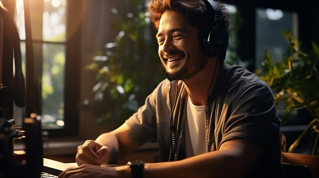 Man host record podcast use microphone. Interview guest conversation for content in her home studio. Daylight from window.