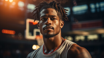 Fototapeta premium Portrait of afro american male basketball player with a ball over basketball court background. with a lot of light. 
