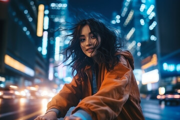 Asian girl in the middle of a night city road ai generative - obrazy, fototapety, plakaty