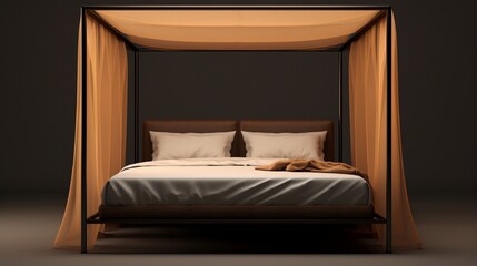 a minimalist canopy bed with sheer curtains and a metal frame.