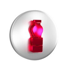 Red Bottle of water icon isolated on transparent background. Soda aqua drink sign. Silver circle button.