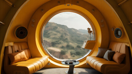 cozy living room on a space ship oval shaped window wth a stunning view of the earth Yellow shiny