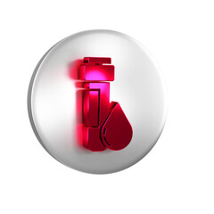 Red Test tube with water drop icon isolated on transparent background. Silver circle button.