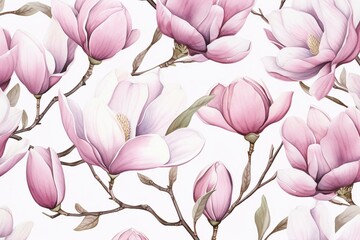 Magnolia pattern with watercolor illustration. Generative AI