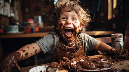 A naughty child playing and getting dirty with chocolate. - obrazy, fototapety, plakaty