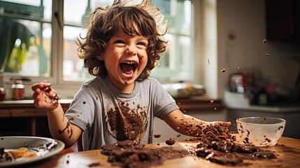 A naughty child playing and getting dirty with chocolate. - obrazy, fototapety, plakaty
