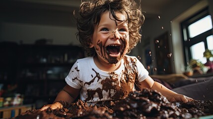 A naughty child playing and getting dirty with chocolate.