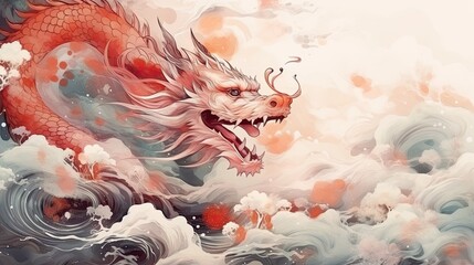 Drawing ink illustration, traditional chinese dragon. - obrazy, fototapety, plakaty
