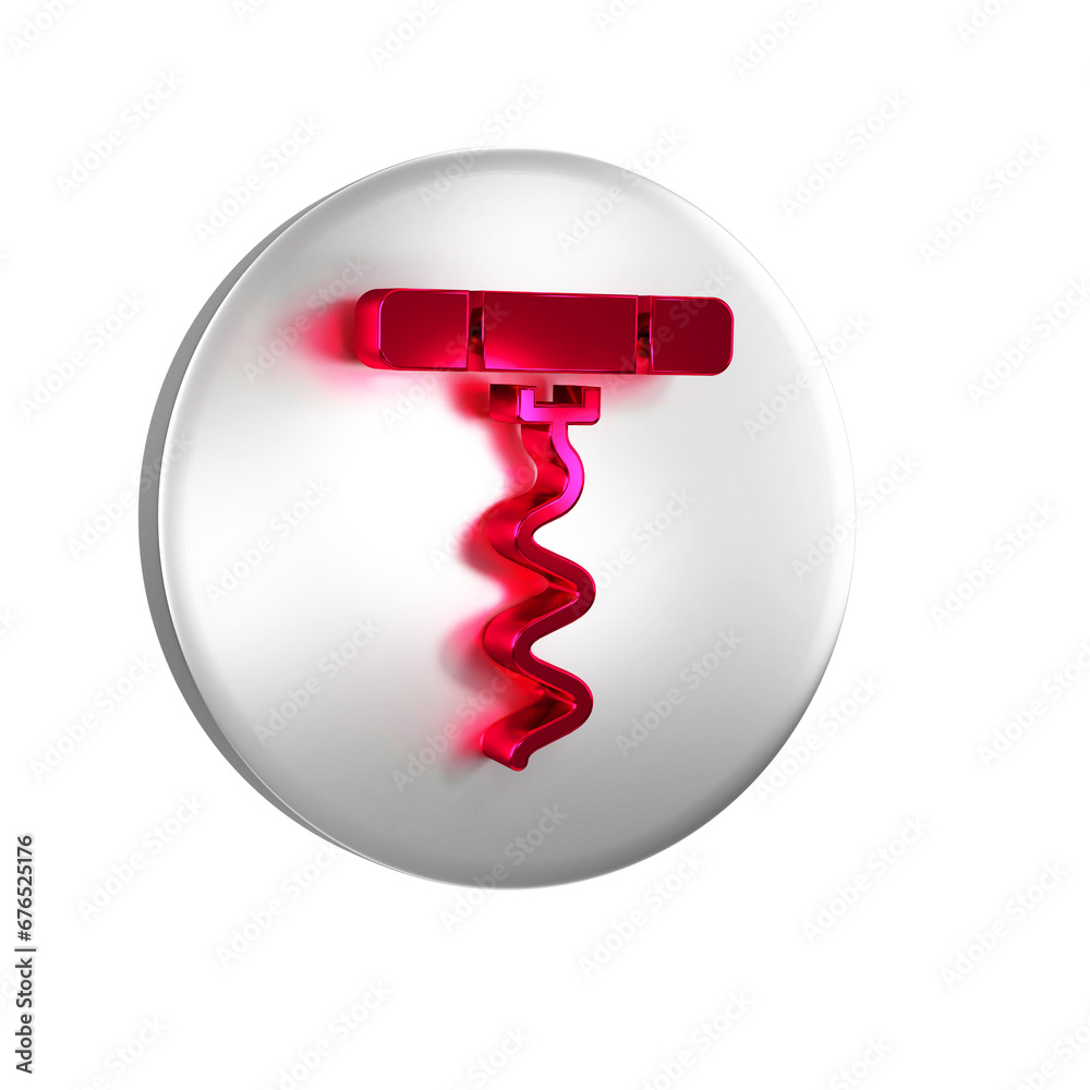 Sticker red wine corkscrew icon isolated on transparent background. silver circle button.