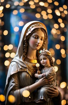"Discover the timeless beauty of Mother Mary cradling Baby Jesus against a serene bokeh background. This poignant image captures the essence of love, purity, and divine motherhood