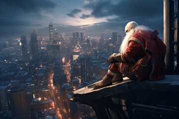 a lonely and sad Santa Claus sits on a ledge of a skyscraper