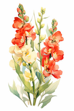 Watercolor strokes capture the essence of Snapdragon flowers, creating a vivid portrayal of their charm against a backdrop of pristine white.