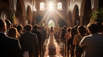 Wedding Ceremony in a Cathedral: A romantic and elegant scene of a Christian wedding ceremony taking place in a beautiful cathedral