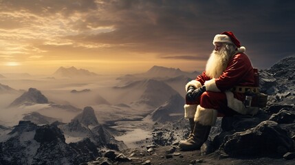 santa claus in a lonely mountain world, lost in thought