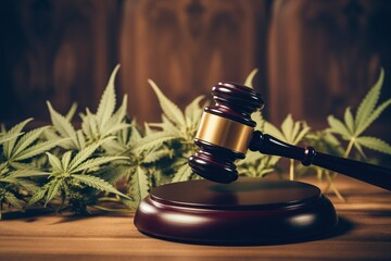 A judge's gavel on a stand surrounded by marijuana leaves on a wooden background. - obrazy, fototapety, plakaty