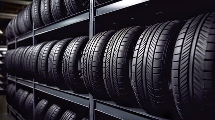 New car tires on a shelf in a car workshop, close-up view