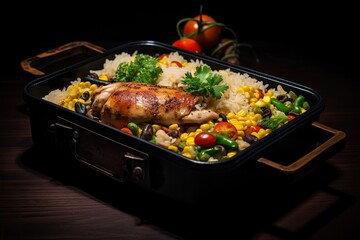 Rectangular black pan with chicken, rice, corn, green beans, tomatoes, and mushrooms on a wooden stand against a dark background.