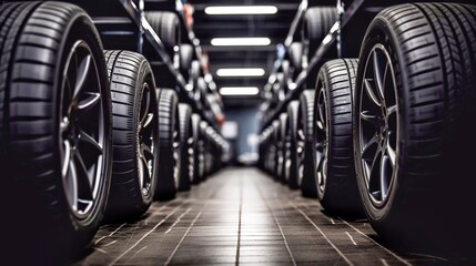 Rows of new car tires in auto repair shop, closeup