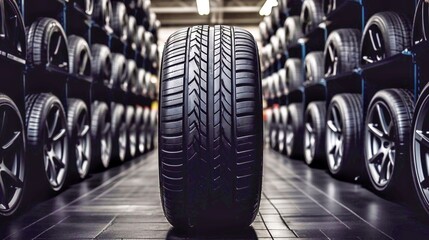Car tires in a car shop. Auto service industry. Car wheel.