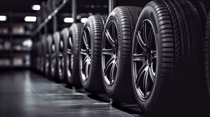 Car tires in a row in a auto repair shop. Car wheel. - obrazy, fototapety, plakaty