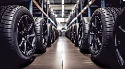 Rows of new car tires in warehouse. Auto service industry. - Powered by Adobe