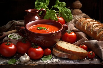 A thick red tomato soup is served in a patterned ceramic bowl, surrounded by fresh tomatoes, garlic, basil, and accompanied by slices of bread on a wooden stand.