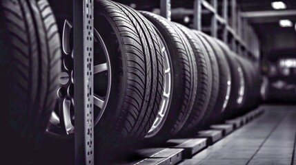 Car tires in a row in the garage. Auto service industry.