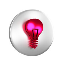 Red Light bulb with concept of idea icon isolated on transparent background. Energy and idea symbol. Inspiration concept. Silver circle button.