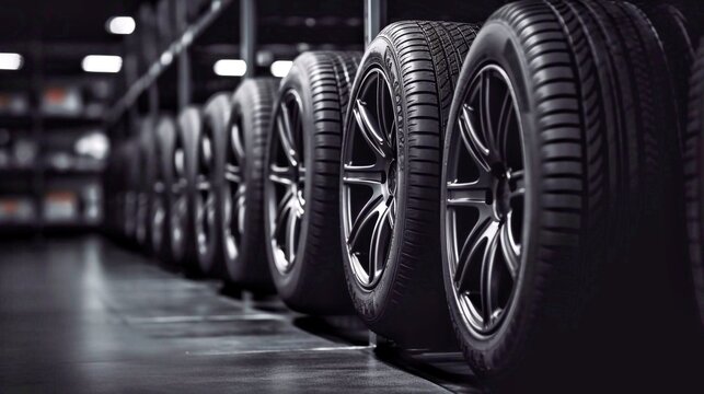 Car tires in a row in a auto repair shop. Car wheel.