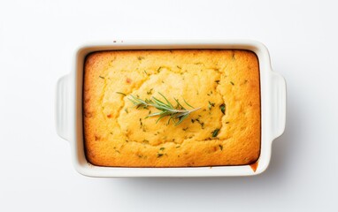Sweet and savory cornbread, a beloved side dish on a modern, simple white background, in a flat lay, overhead shot with copy space